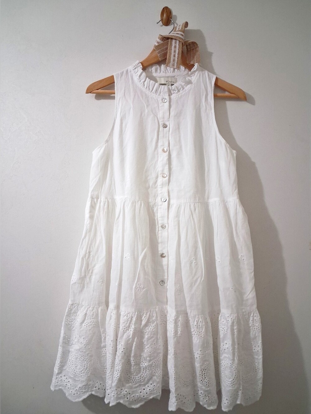 Pinch Sleeveless Ruffled White Eyelet Embroidered Button Front Cotton Mini Dress